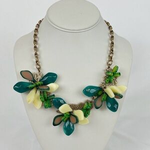 TALBOTS Statement Necklace - 3D Floral Design in Teal, Green & Ivory